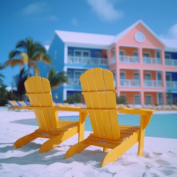 Two yellow Adirondack chairs sit on a beach with a colorful hotel in the background