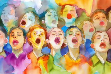 A group of choir singers. Watercolor illustration. Music. 