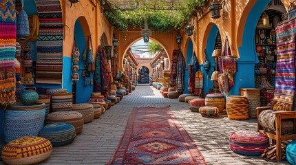 Old narrow street of the traditional Bazaar Market in Asia. Small shops are selling ceramics, carpets, spices fruits and souvenirs