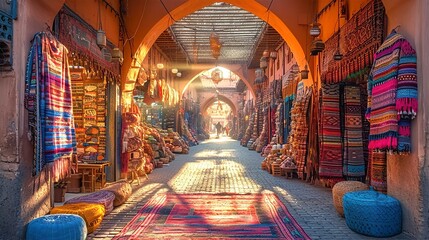 Old narrow street of the traditional Arabian Bazaar Market. Small shops are selling ceramics, carpets, spices fruits and souvenirs - obrazy, fototapety, plakaty