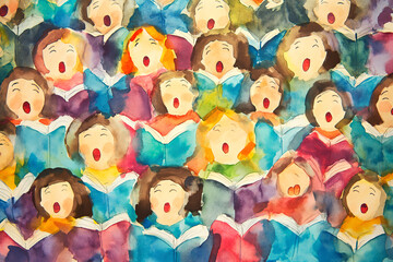 A group of choir singers. Watercolor illustration. Music. 