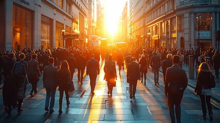 Obraz premium Dynamic city environment with people silhouettes are walking among tall buildings at dusk.