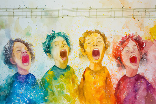 A group of choir singers. Watercolor illustration. Music. 