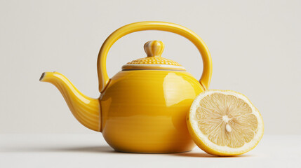 Front view lemon tea in a kettle on a white background.