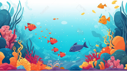 Fototapeta na wymiar Aquatic Life in a Vibrant Underwater World: A Cartoon Vector Illustration of Fish, Coral, and Marine Plants in a Tropical Aquarium Setting with Blue Water and Bubbles
