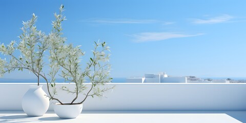Clean clear view from a white terrace patio on a bright sunny day with blue sky, product placement, copy space, plant pots