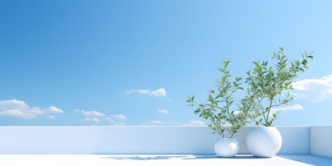 Clean clear view from a white terrace patio on a bright sunny day with blue sky, product placement, copy space, plant pots