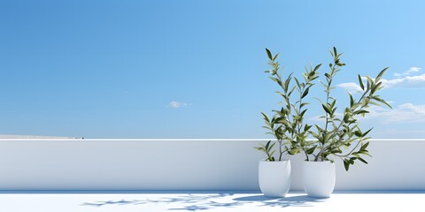 Clean clear view from a white terrace patio on a bright sunny day with blue sky, product placement,...