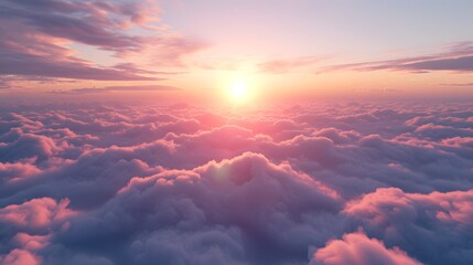 Pink and orange clouds flying above the clouds at sunset or sunrise