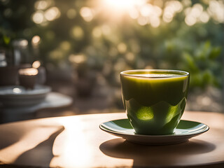 matcha latte in green mug on botanical background