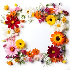 Colourful summer garden flowers forming a square frame on a white background with copy space 