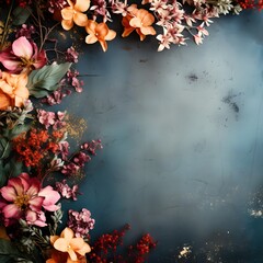 Autumnal flowers surrounding a blank grey blue space, copy space