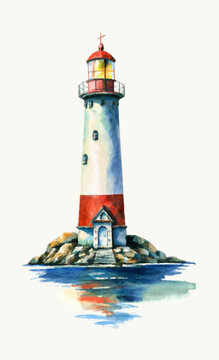 Lighthouse. Hand drawn watercolor illustration isolated on white background.