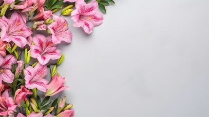 Pink lilies and leaves on a grey background, copy space