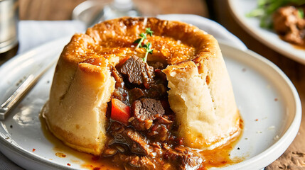 Traditional British dish steak and kidney pudding in suet pastry with gravy served on a plate....