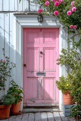 Clean pink doors and white walls with sidewalk in Paris