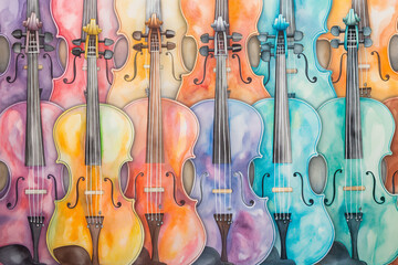 Naklejka premium Colorful watercolor illustration of musical instruments. Music school wallpaper. 