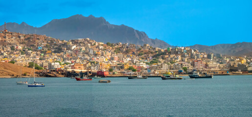 Fototapeta premium Panoramic view of the sea front of the city of Mindelo, São Vivente Island, Cape Verde Islands (Cabo Verde)