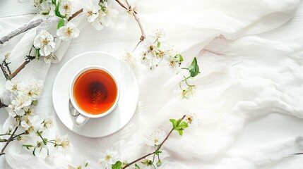 Obraz na płótnie Canvas Cup of tea on white background with flowers around