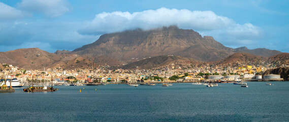 Fototapeta premium Panoramic view of the sea front of the city of Mindelo, São Vivente Island, Cape Verde Islands (Cabo Verde)
