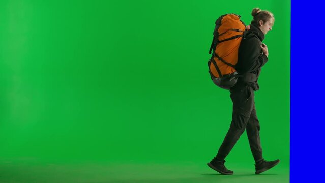 Side View Of A Walking Male Traveler Stepping Over Something And Disappearing Behind A Screen. Man With Hiking Backpack In Studio On Green Screen.