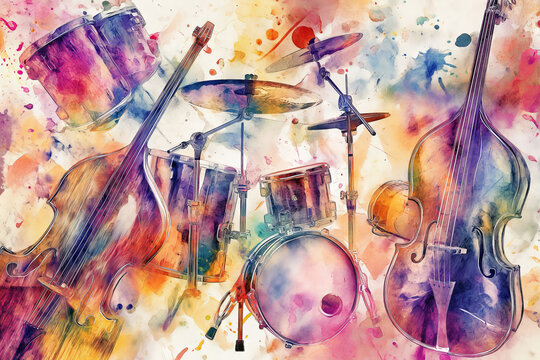 Colorful watercolor illustration of musical instruments. Music school wallpaper. 