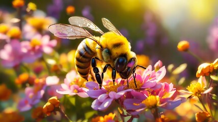 Macro of a Bee Collecting Nectar from Vibrant Flowers on a Sunny Day, Surrounded by a Lush Garden. Honeybee Pollen Collection, Honey Production. - obrazy, fototapety, plakaty