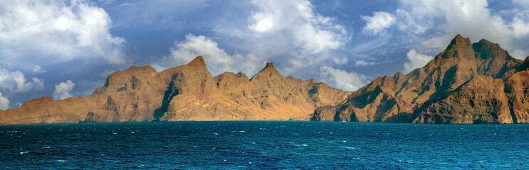 Fototapeta na wymiar Sailing towards the beautiful island of São Vicente (St. Vincent), Cape Verde Island (Cabo Verde)