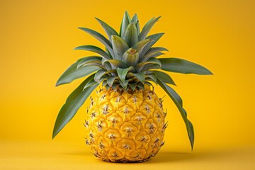 Single pineapple isolated on yellow background