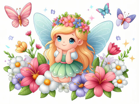 Cute tender spring fairy witn flowers and butterflies