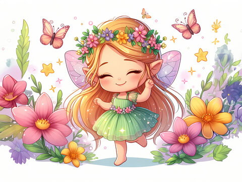 Cute tender spring fairy witn flowers and butterflies
