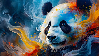 Visage d'un panda avec des éclaboussures de peinture bleutée et orangée