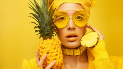 female model holding pineapple posing on yellow studio background