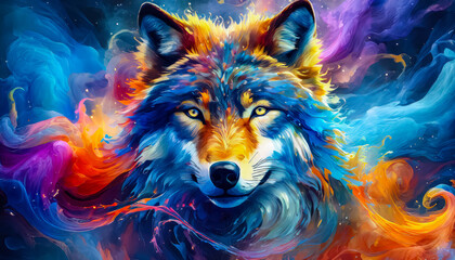 Visage d'un loup avec des éclaboussures de peinture colorée