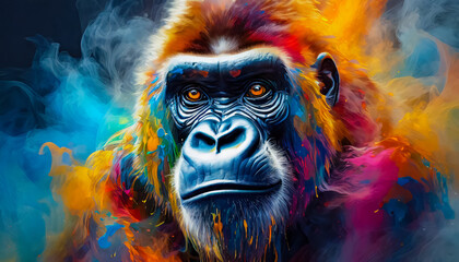Visage d'un gorille avec des éclaboussures de peinture colorée - obrazy, fototapety, plakaty