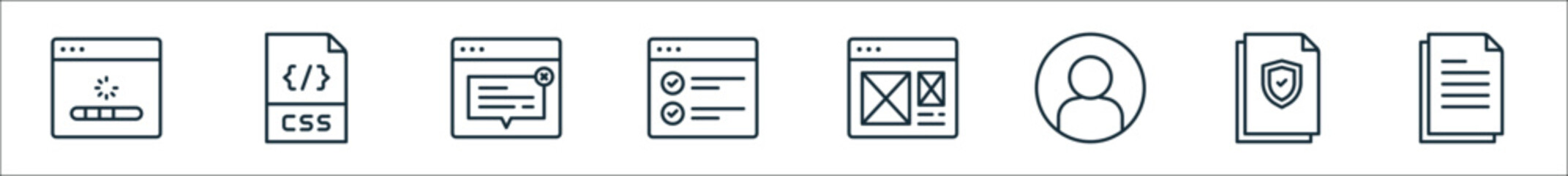 outline set of coding line icons. linear vector icons such as loading, css, pop up, checklist, web de, user, file protection, file