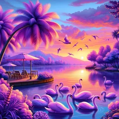 Papier Peint photo Violet A beautiful lagoon with purple swans. 