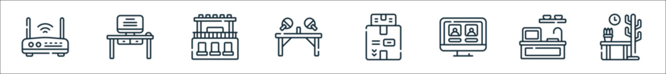 outline set of coworking space line icons. linear vector icons such as wifi, desk, terrace, , delivery, videocall, kitchen, coworking - obrazy, fototapety, plakaty