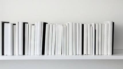 White bookshelf with black and white hardcover books in a row