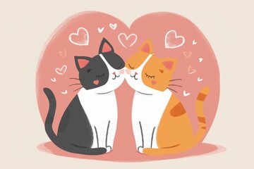 Cute cats in love surrounded by hearts on beige background Generative AI