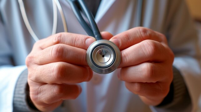 A doctor is holding a stethoscope in his hands