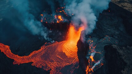 Aerial view by drone of lava river from volcano
