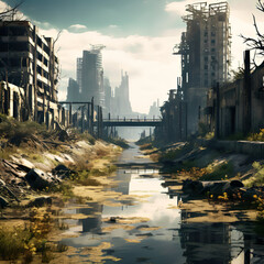A post-apocalyptic wasteland with remnants of a once-thriving city, now reclaimed by nature, AI generated