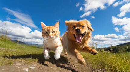A happy dog and a cat are running along a path against a background of blue sky and green grass....