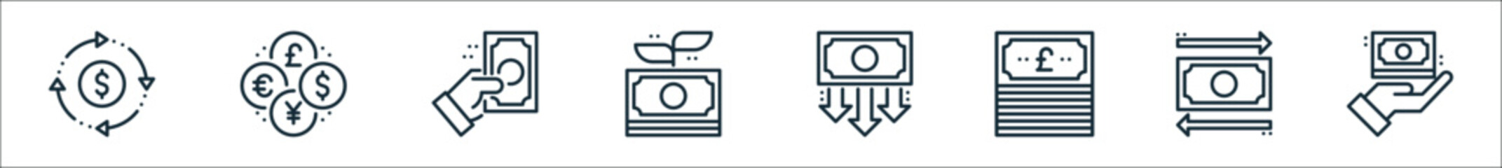 outline set of money and currency line icons. linear vector icons such as money exchange, currency, cash, investment, rate, pound sterling, money transfer,
