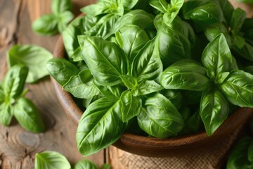 basil in a bowl on a kitchen table close up - obrazy, fototapety, plakaty