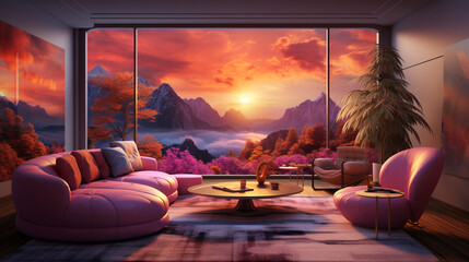 Mountain majestic sunset view from a luxury hotel lounge room image - obrazy, fototapety, plakaty