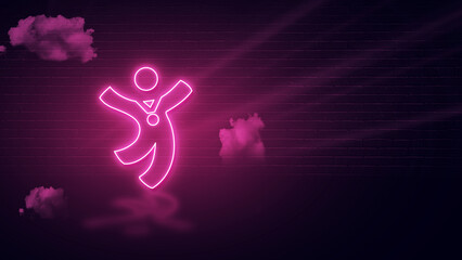 modern people icon with pink neon effect and empty space for copy or message, dark wall  backdrop with clouds