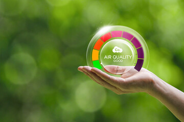 Good air quality and clean outdoor air quality Safe from pollution, PM 2.5 dust, pure natural atmosphere concept. hand with air bubbles, prevention of pollution, dust, bad air - obrazy, fototapety, plakaty