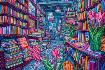 A drawing of a whimsical bookstore,bold strokes